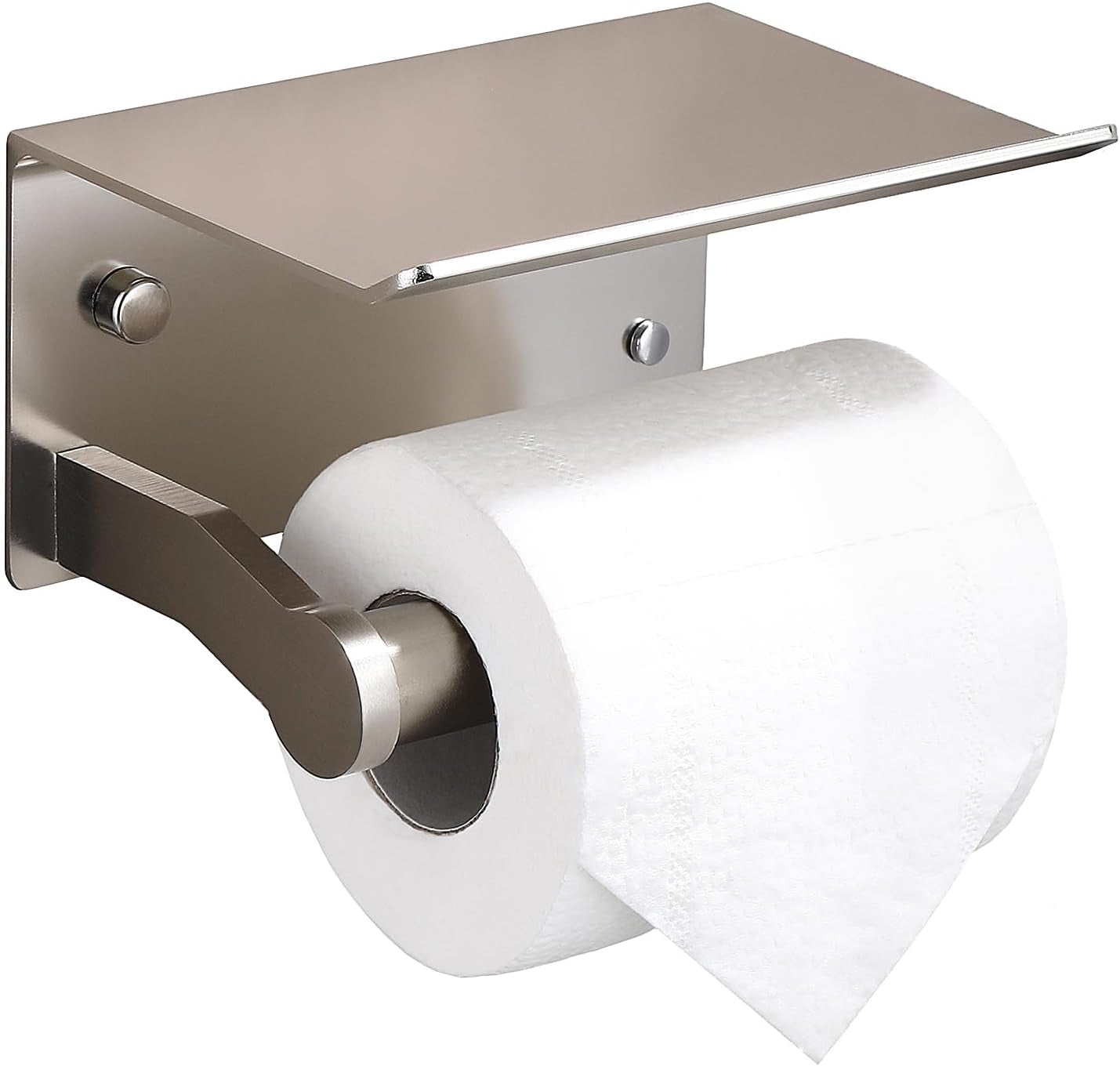 Toilet Paper Holder - Aluminium Double Roll Toilet Tissue Holder with Mobile Phone Shelf for Bathroom, 3M Self Adhesive No Drilling or Wall-Mounted with Screws, Rustproof Modern Style Black