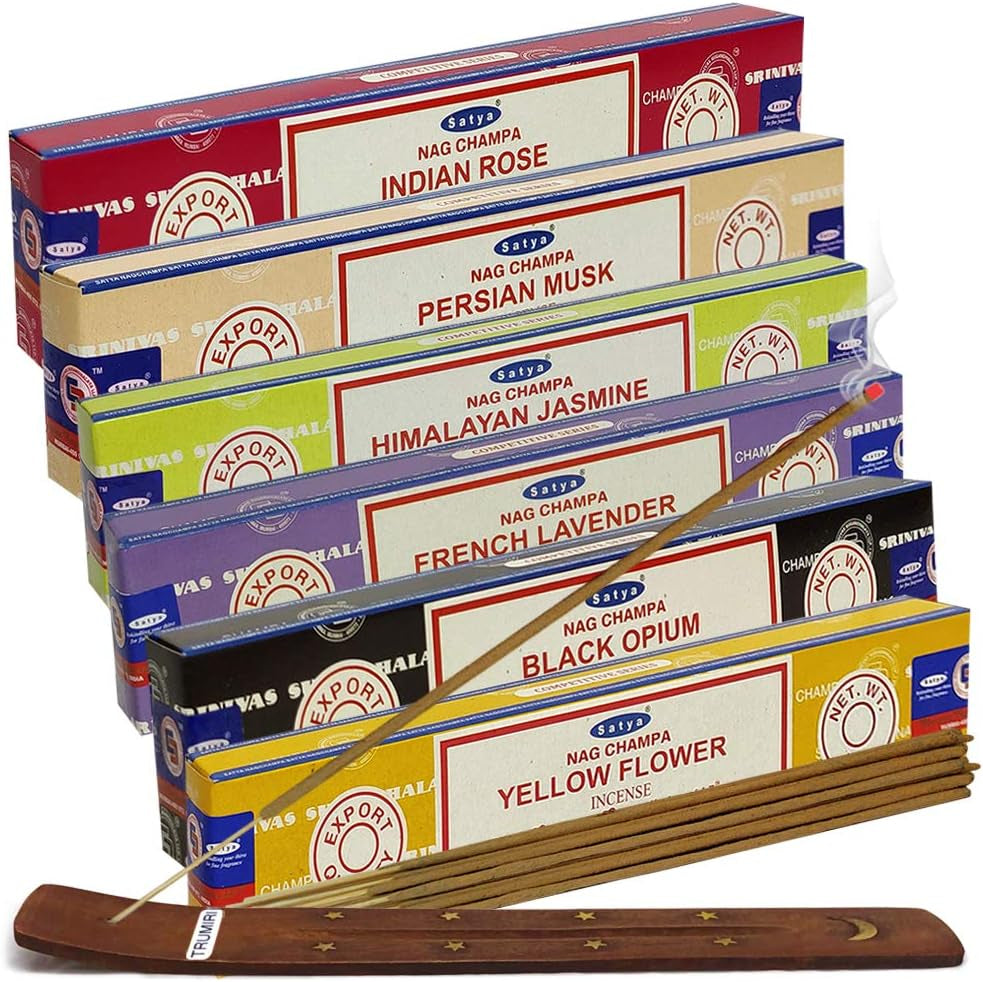Satya Incense Sticks Variety Pack #10 and Holder Bundle with 6 Classic Fragrances Sandalwood Dragon'S Blood Palo Santo White Sage