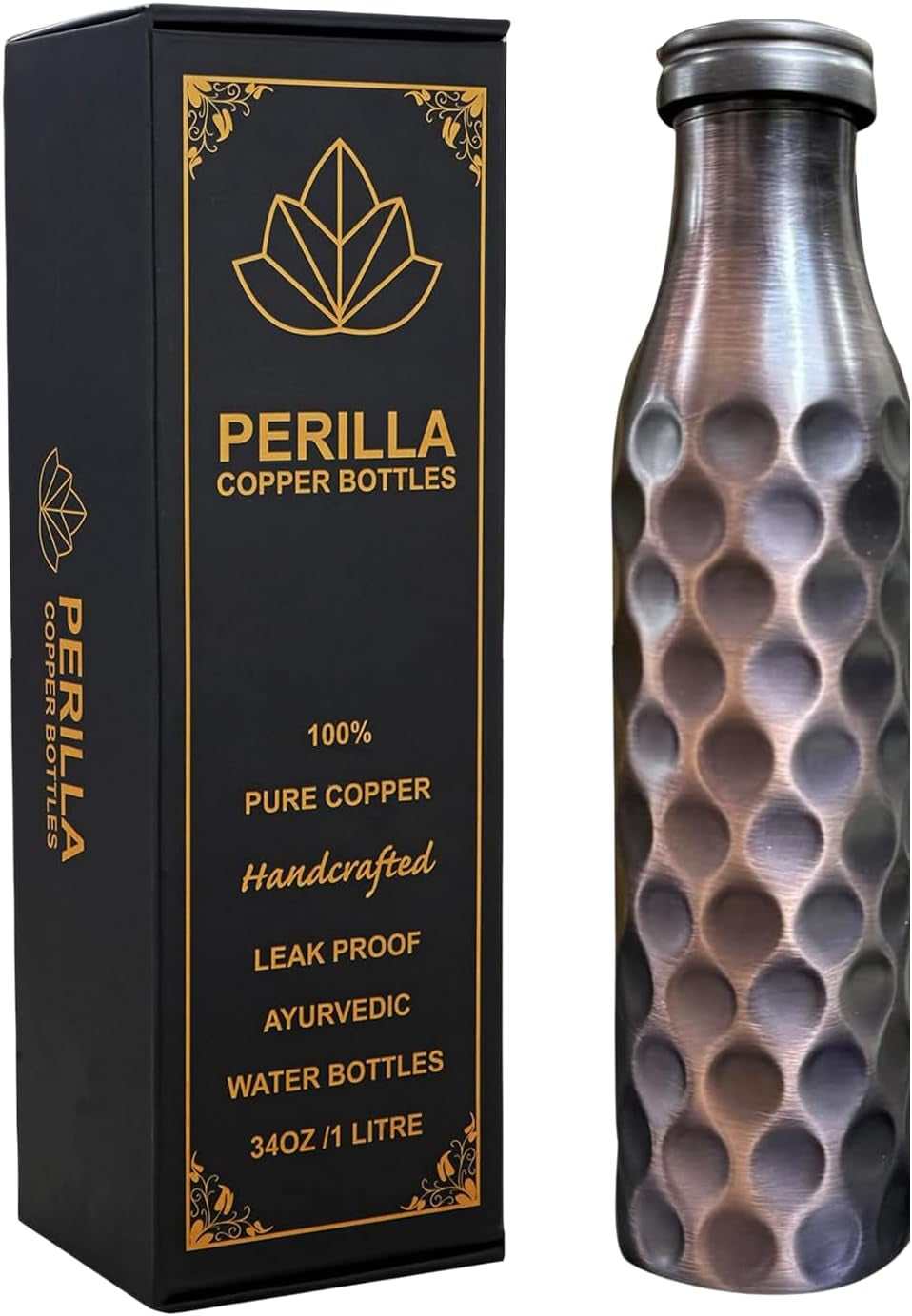 Pure Copper Water Bottle 34 Oz Leak Proof 100% Pure - Ayurvedic Copper Vessel - Drink More Water and Enjoy the Health Benefits Immediately - for Gym, Yoga Bottle (Diamond 2)
