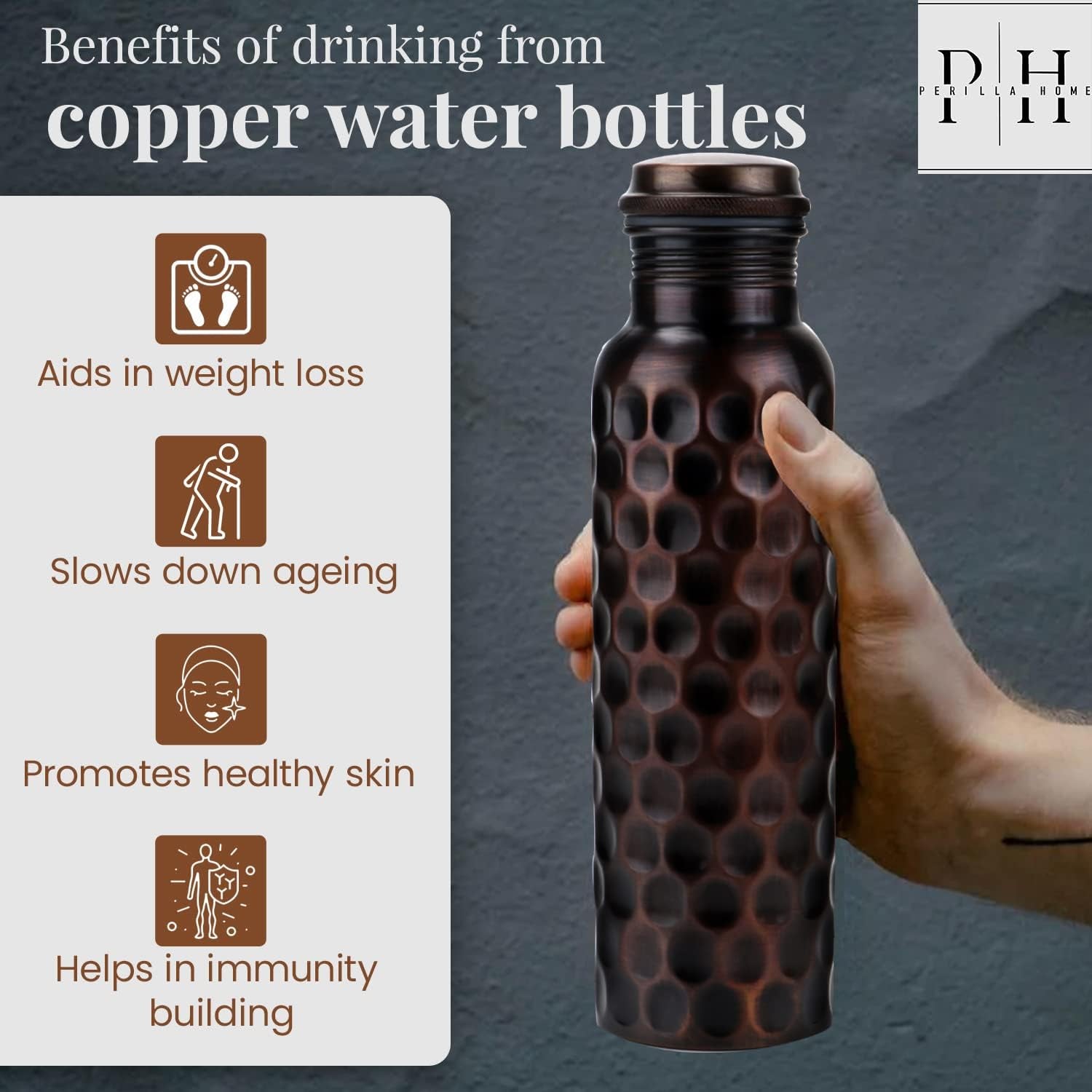 Pure Copper Water Bottle 34 Oz Leak Proof 100% Pure - Ayurvedic Copper Vessel - Drink More Water and Enjoy the Health Benefits Immediately - for Gym, Yoga Bottle (Diamond 2)