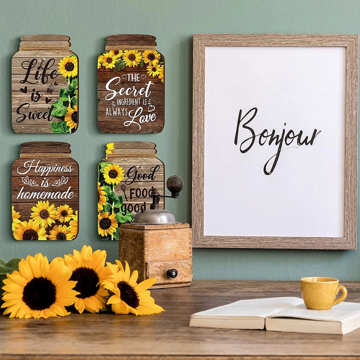 4 Pcs Mason Jar Wall Decor Wooden,Kitchen Rustic Home Decor Inspirational Kitchen Decor Hanging Farmhouse Kitchen Signs Wall Decor for Home Decor