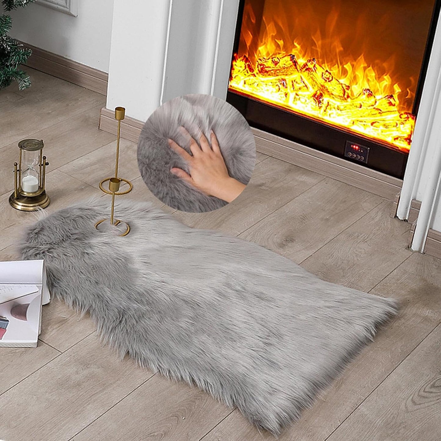 Faux Fur Rug Sheepskin Shag Fluffy Fuzzy Beige 2X3 Ft Small Rugs for Bedroom Bedside Bed Floor Living Room Plush High-Density Cushion Carpet Super Sofa Cover
