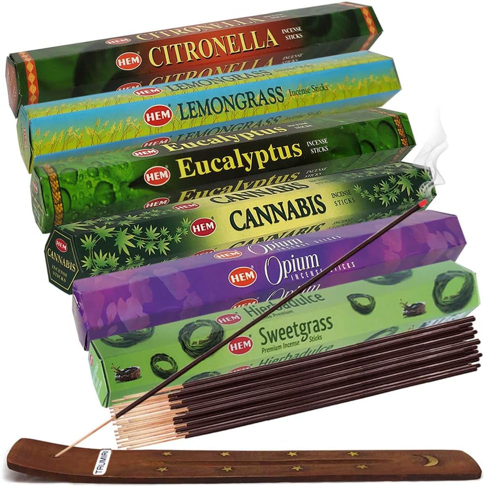 Hem Incense Sticks Variety Pack #27 and Incense Stick Holder Bundle with 6 Leafy Fragrances
