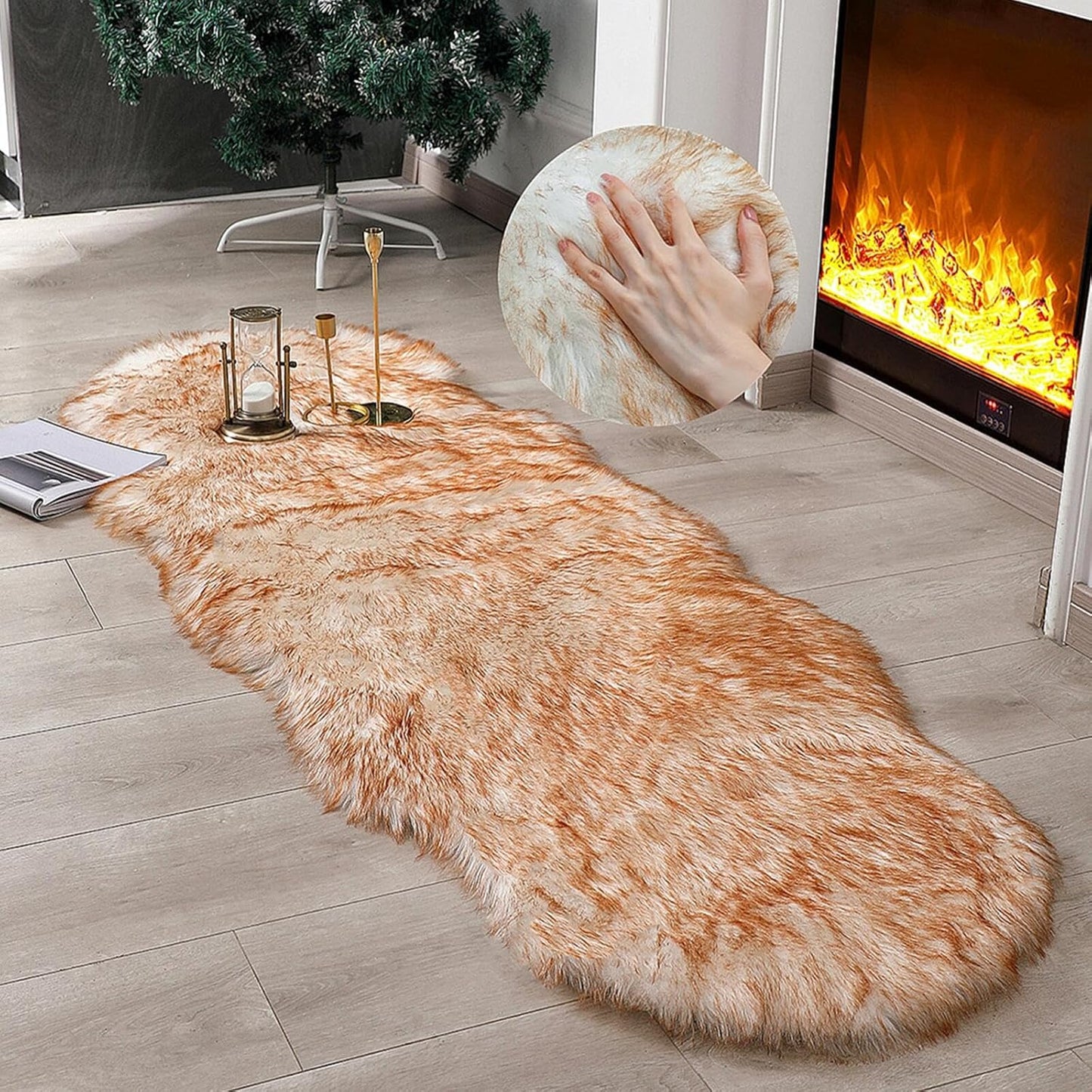 Faux Fur Rug Sheepskin Shag Fluffy Fuzzy Beige 2X3 Ft Small Rugs for Bedroom Bedside Bed Floor Living Room Plush High-Density Cushion Carpet Super Sofa Cover