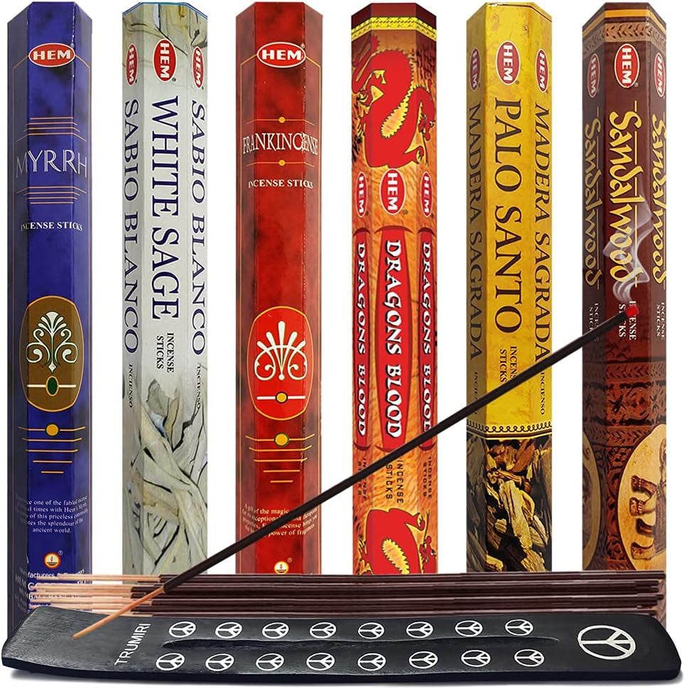Hem Incense Sticks Variety Pack #27 and Incense Stick Holder Bundle with 6 Leafy Fragrances
