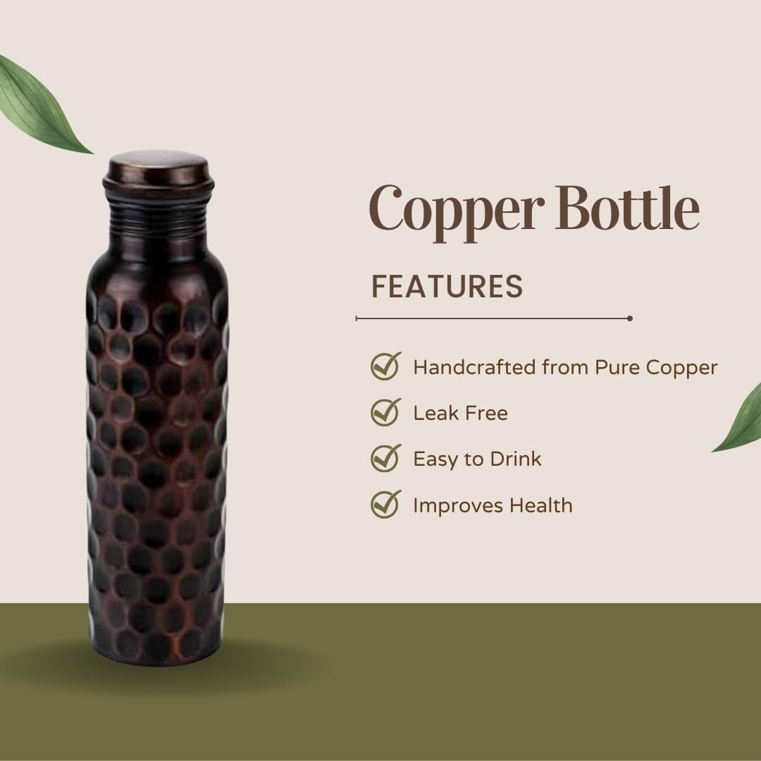 Pure Copper Water Bottle 34 Oz Leak Proof 100% Pure - Ayurvedic Copper Vessel - Drink More Water and Enjoy the Health Benefits Immediately - for Gym, Yoga Bottle (Diamond 2)