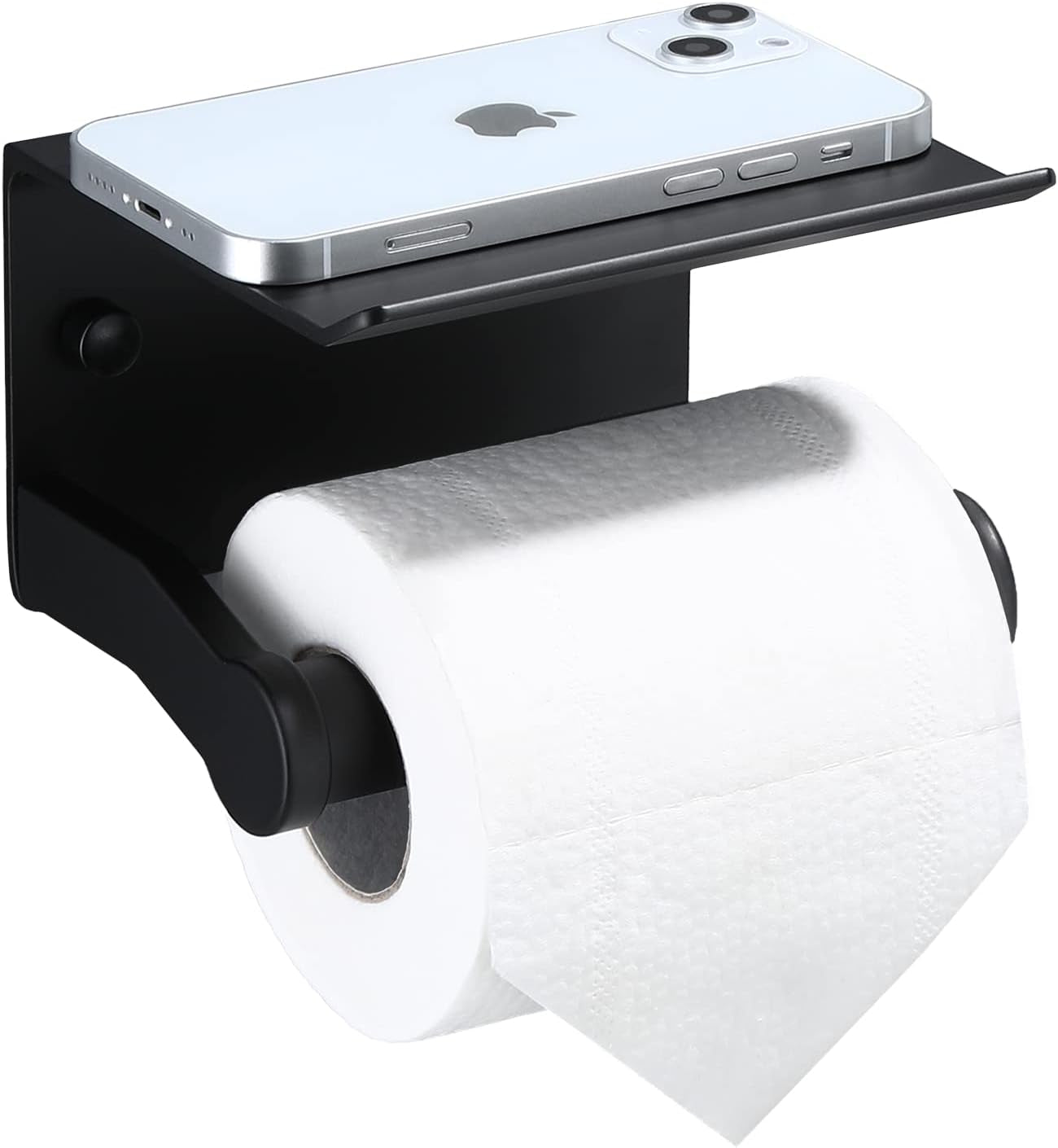 Toilet Paper Holder - Aluminium Double Roll Toilet Tissue Holder with Mobile Phone Shelf for Bathroom, 3M Self Adhesive No Drilling or Wall-Mounted with Screws, Rustproof Modern Style Black