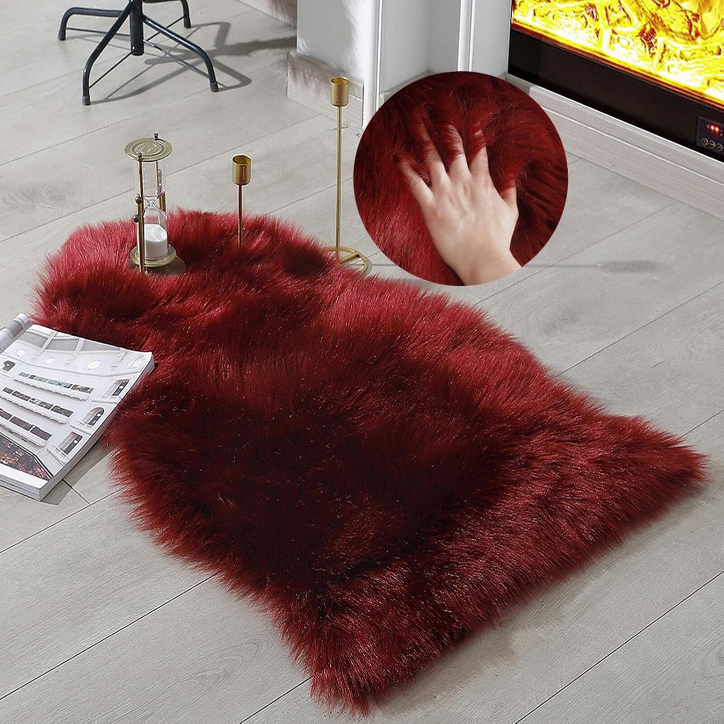 Faux Fur Rug Sheepskin Shag Fluffy Fuzzy Beige 2X3 Ft Small Rugs for Bedroom Bedside Bed Floor Living Room Plush High-Density Cushion Carpet Super Sofa Cover