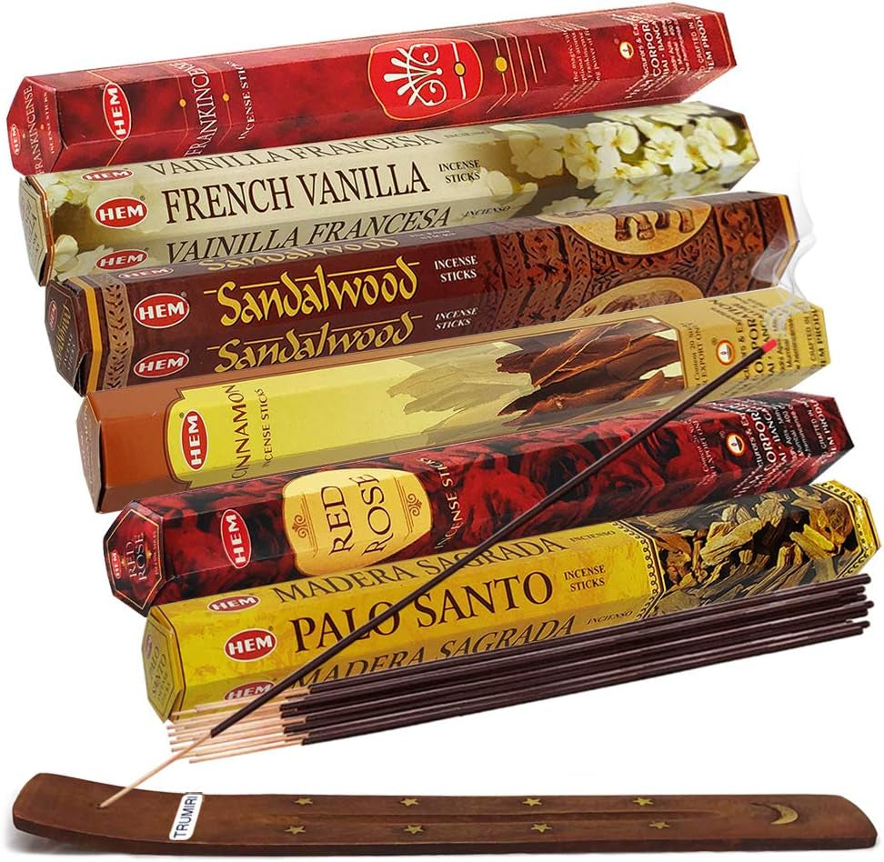 Hem Incense Sticks Variety Pack #27 and Incense Stick Holder Bundle with 6 Leafy Fragrances