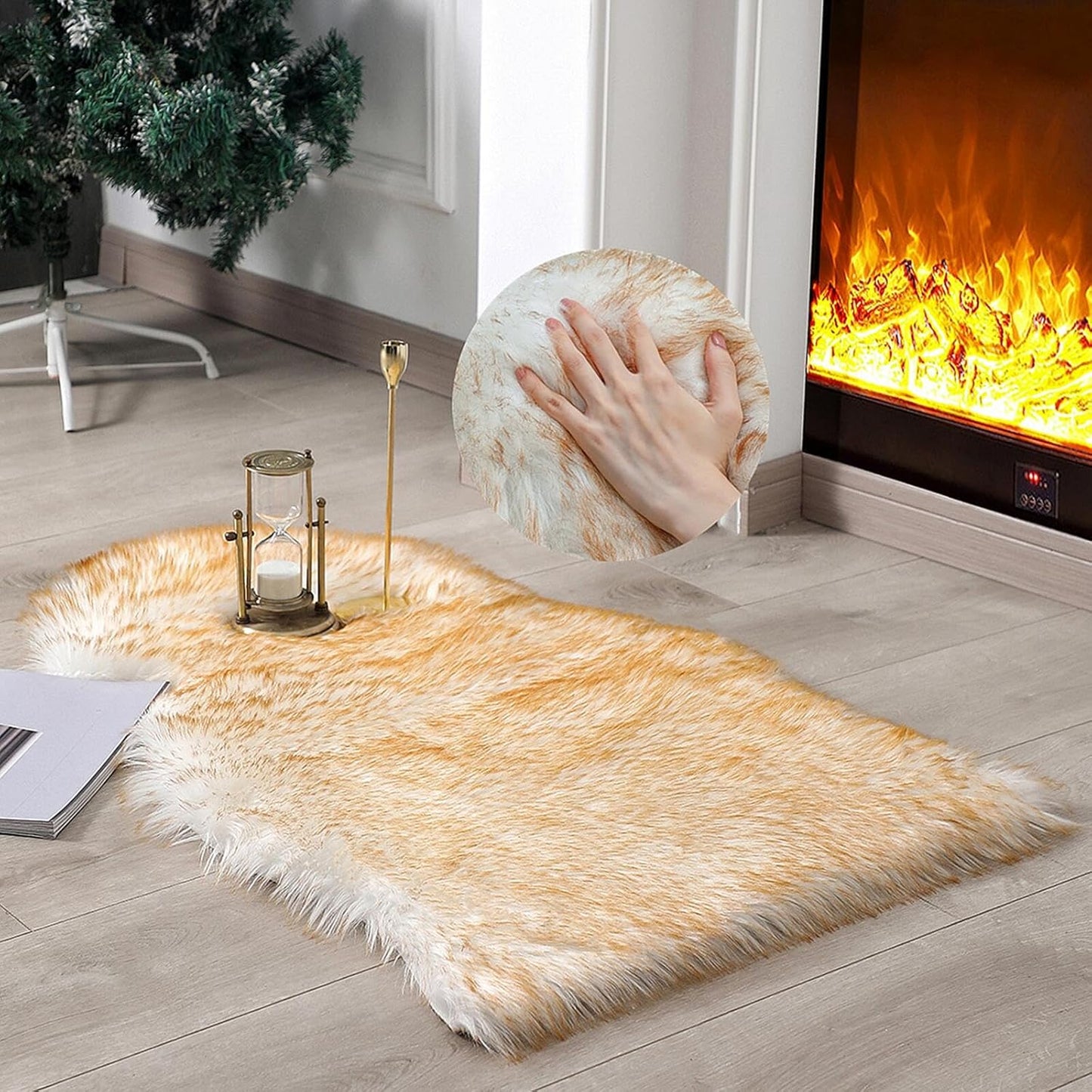Faux Fur Rug Sheepskin Shag Fluffy Fuzzy Beige 2X3 Ft Small Rugs for Bedroom Bedside Bed Floor Living Room Plush High-Density Cushion Carpet Super Sofa Cover