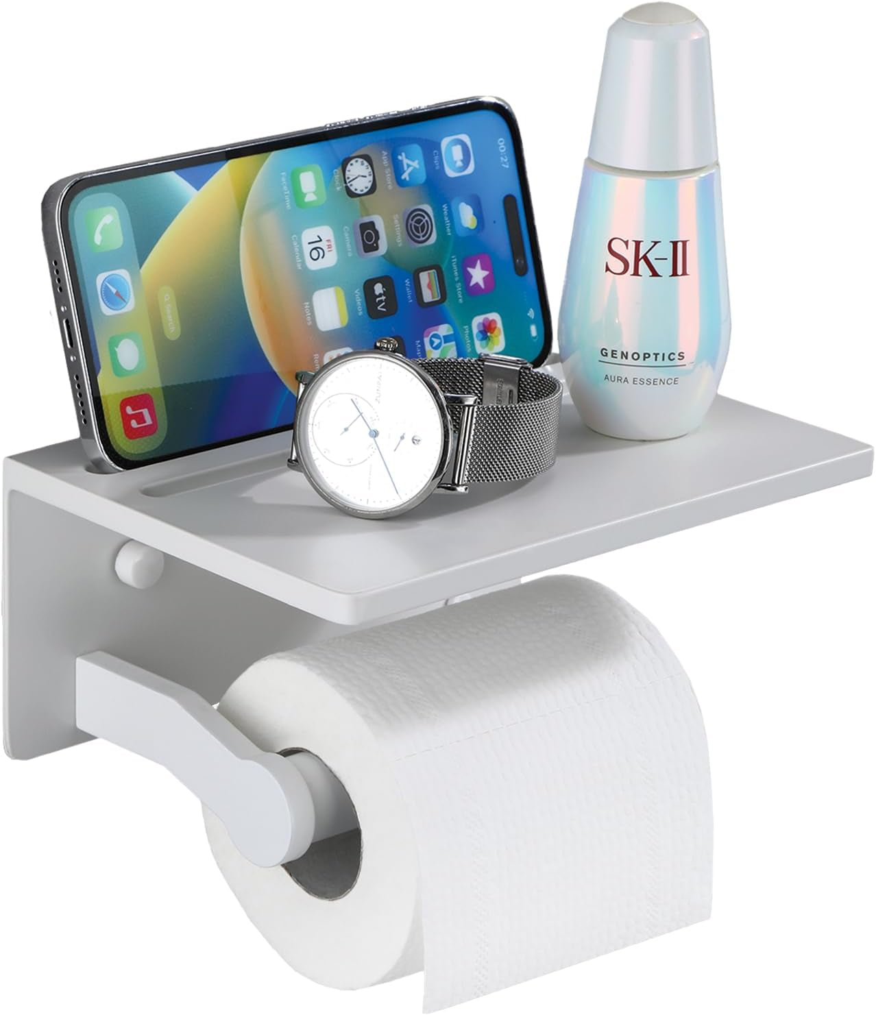 Toilet Paper Holder - Aluminium Double Roll Toilet Tissue Holder with Mobile Phone Shelf for Bathroom, 3M Self Adhesive No Drilling or Wall-Mounted with Screws, Rustproof Modern Style Black