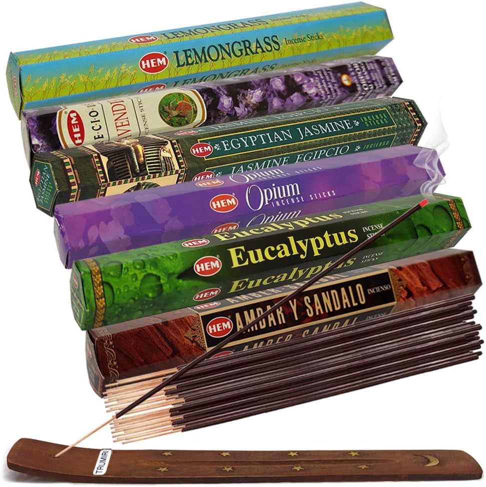 Hem Incense Sticks Variety Pack #27 and Incense Stick Holder Bundle with 6 Leafy Fragrances