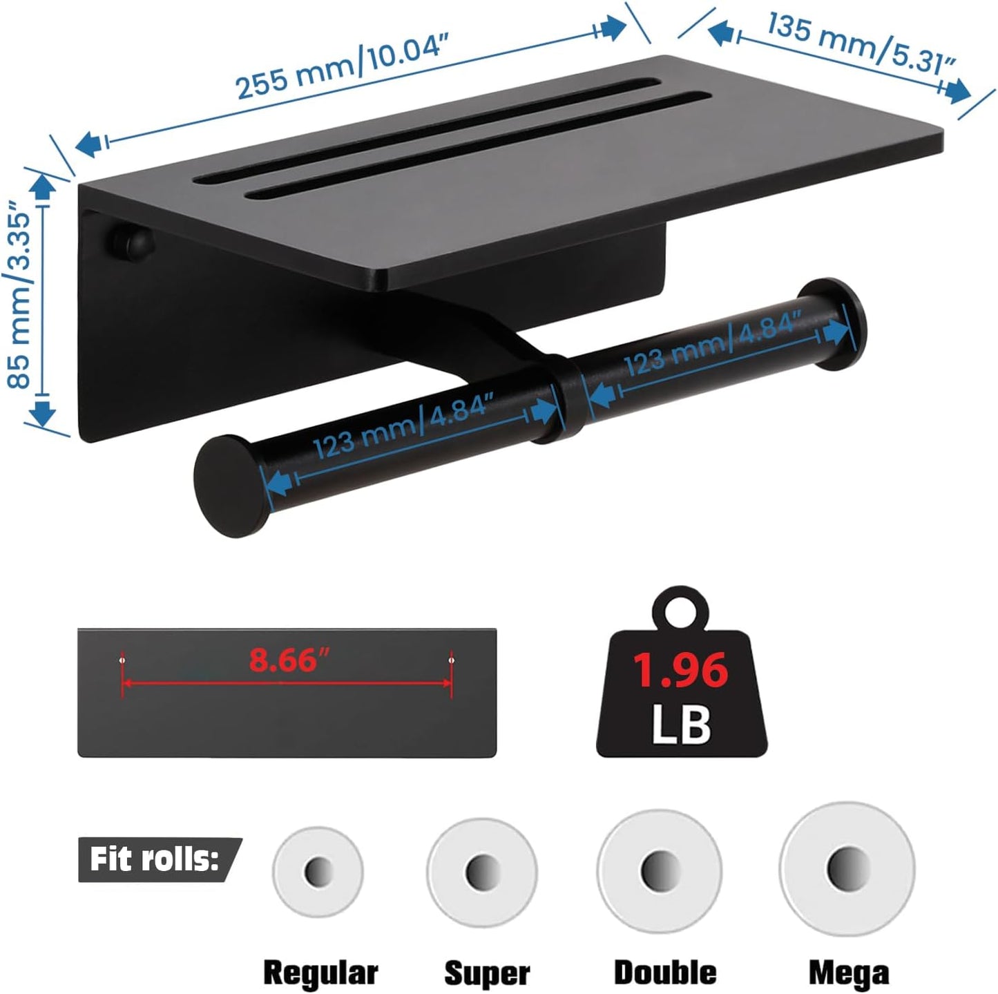 Toilet Paper Holder - Aluminium Double Roll Toilet Tissue Holder with Mobile Phone Shelf for Bathroom, 3M Self Adhesive No Drilling or Wall-Mounted with Screws, Rustproof Modern Style Black