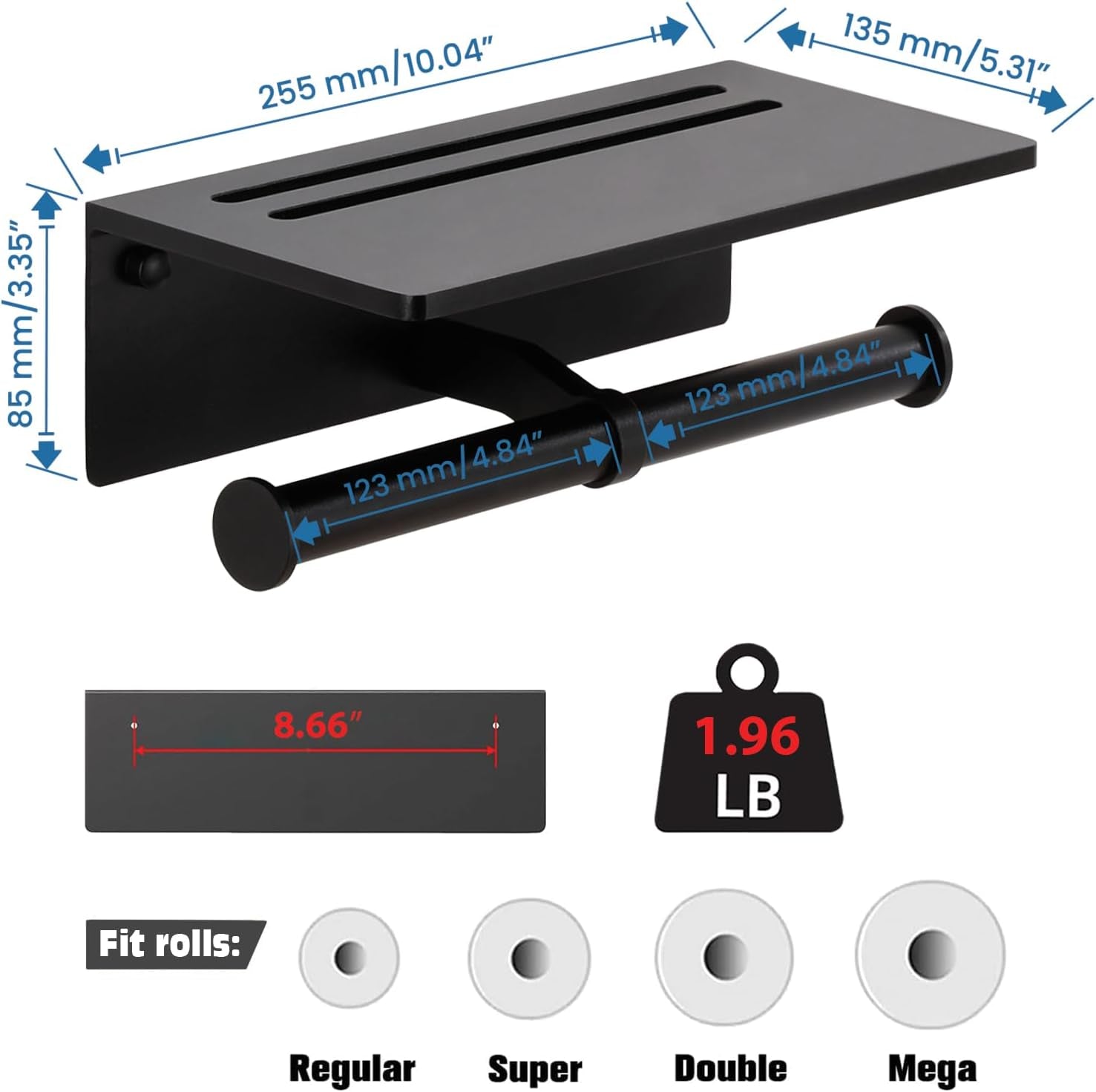 Toilet Paper Holder - Aluminium Double Roll Toilet Tissue Holder with Mobile Phone Shelf for Bathroom, 3M Self Adhesive No Drilling or Wall-Mounted with Screws, Rustproof Modern Style Black