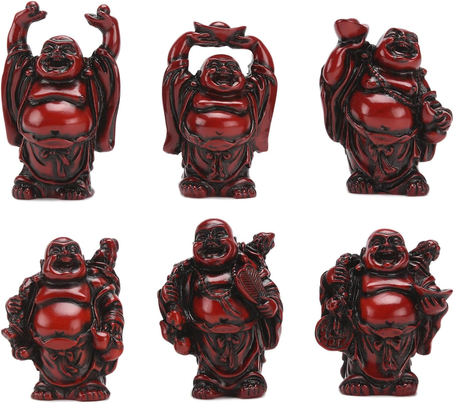 BRABUD 2'' Red Resin Laughing Buddha Figurines Good Gift and Collection Set of 6