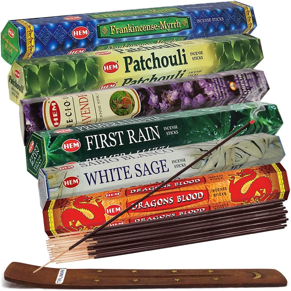 Hem Incense Sticks Variety Pack #27 and Incense Stick Holder Bundle with 6 Leafy Fragrances