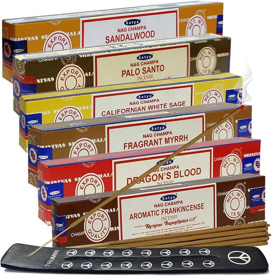 Satya Incense Sticks Variety Pack #10 and Holder Bundle with 6 Classic Fragrances Sandalwood Dragon'S Blood Palo Santo White Sage