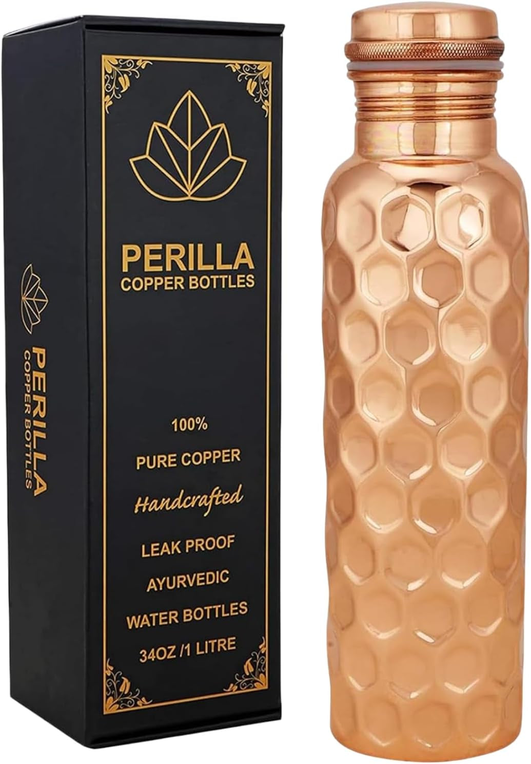 Pure Copper Water Bottle 34 Oz Leak Proof 100% Pure - Ayurvedic Copper Vessel - Drink More Water and Enjoy the Health Benefits Immediately - for Gym, Yoga Bottle (Diamond 2)