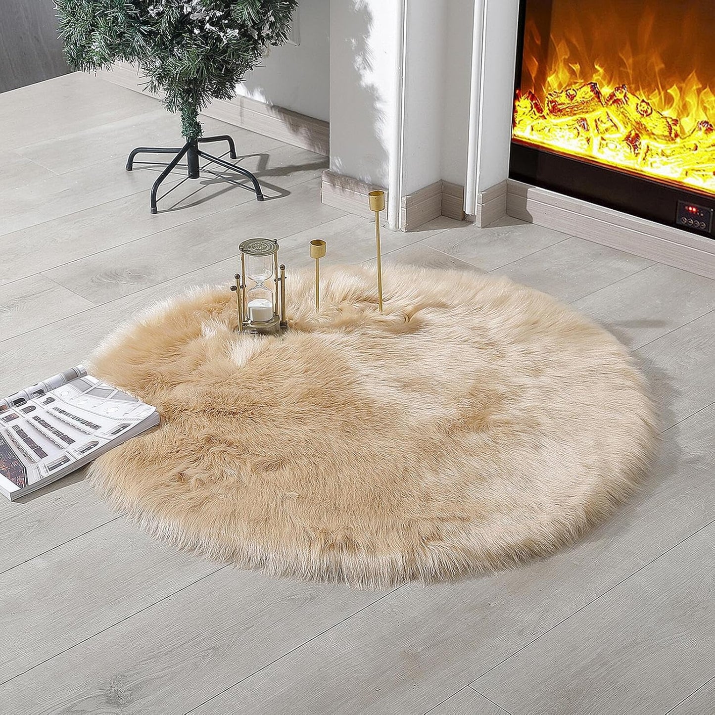 Faux Fur Rug Sheepskin Shag Fluffy Fuzzy Beige 2X3 Ft Small Rugs for Bedroom Bedside Bed Floor Living Room Plush High-Density Cushion Carpet Super Sofa Cover
