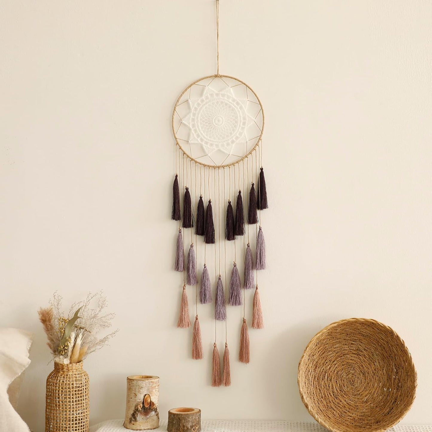Macrame Dream Catchers for Bedroom - Tassel Wall Hanging Handmade Dreamcatchers Home Decor with Tassel Feather Ornament Craft Blessing Gift (Mix Brown)