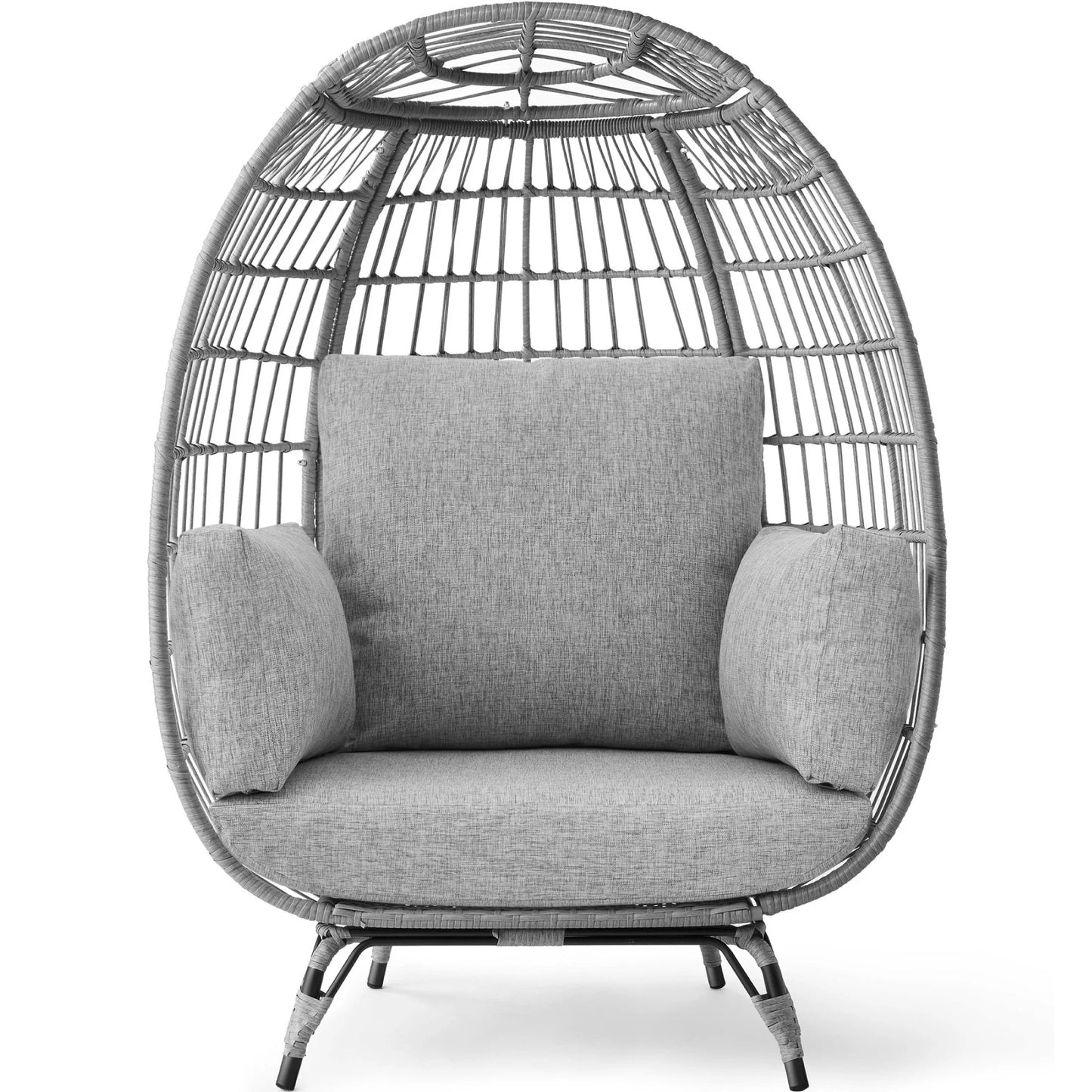 Wicker Egg Chair Oversized Indoor Outdoor Patio Lounger W/ Steel Frame, 440Lb Capacity - Ivory