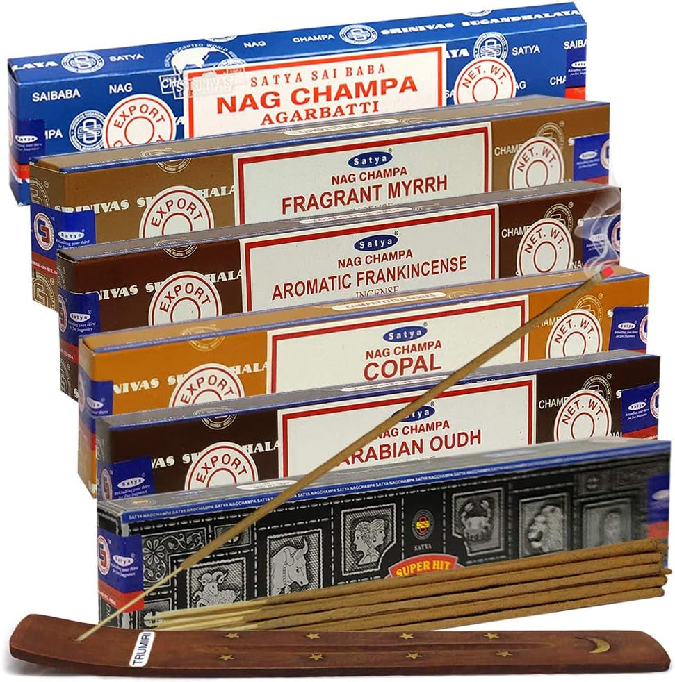 Satya Incense Sticks Variety Pack #10 and Holder Bundle with 6 Classic Fragrances Sandalwood Dragon'S Blood Palo Santo White Sage