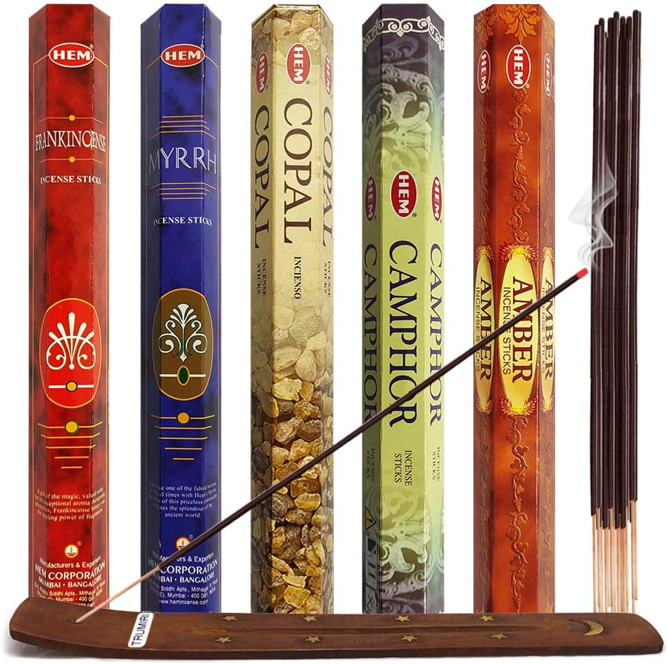 Hem Incense Sticks Variety Pack #1 and Incense Stick Holder Bundle with 5 Celestial Themed Fragrances