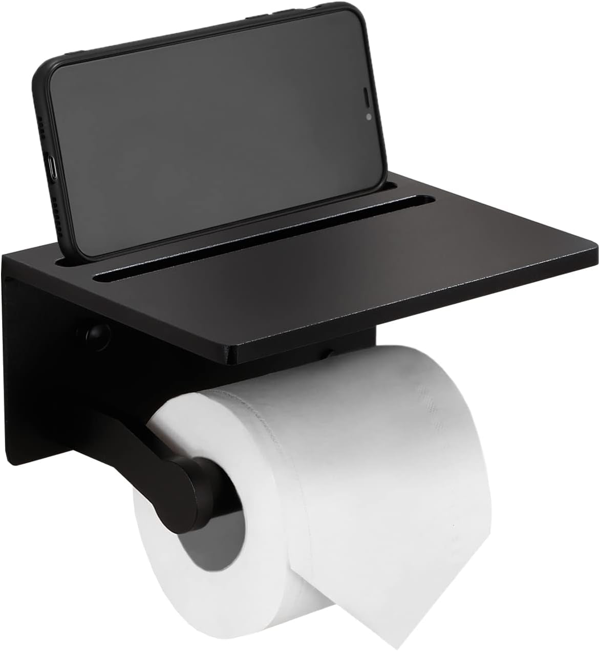 Toilet Paper Holder - Aluminium Double Roll Toilet Tissue Holder with Mobile Phone Shelf for Bathroom, 3M Self Adhesive No Drilling or Wall-Mounted with Screws, Rustproof Modern Style Black