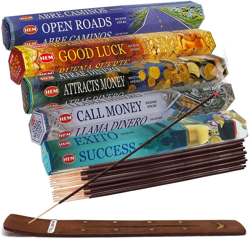 Hem Incense Sticks Variety Pack #1 and Incense Stick Holder Bundle with 5 Celestial Themed Fragrances