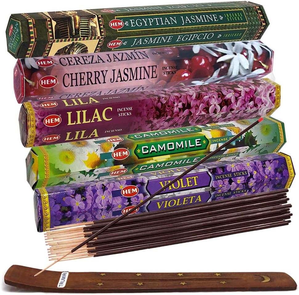Hem Incense Sticks Variety Pack #1 and Incense Stick Holder Bundle with 5 Celestial Themed Fragrances