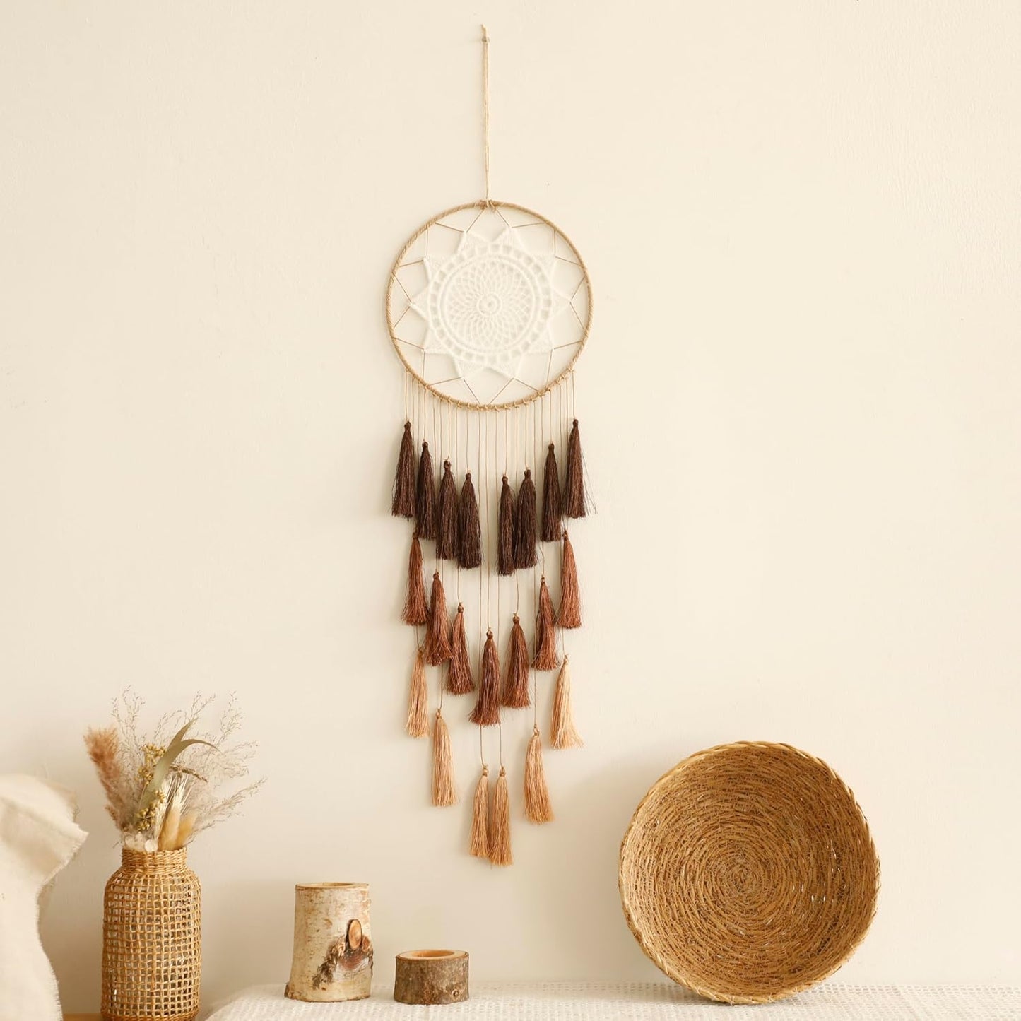 Macrame Dream Catchers for Bedroom - Tassel Wall Hanging Handmade Dreamcatchers Home Decor with Tassel Feather Ornament Craft Blessing Gift (Mix Brown)