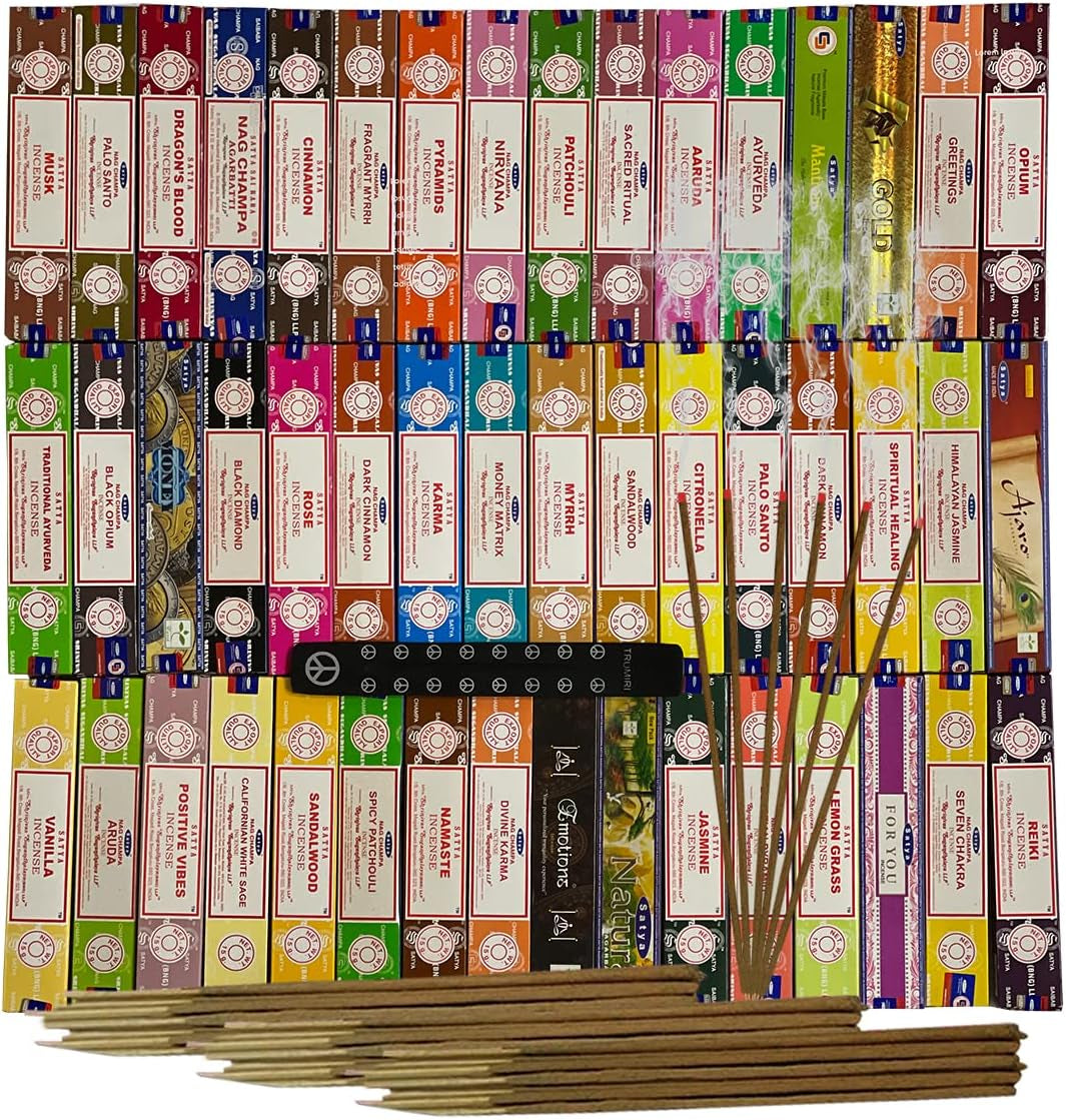 Satya Incense Sticks Variety Pack #10 and Holder Bundle with 6 Classic Fragrances Sandalwood Dragon'S Blood Palo Santo White Sage
