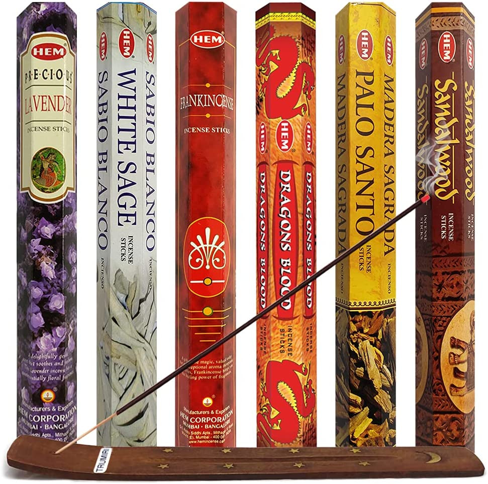 Hem Incense Sticks Variety Pack #27 and Incense Stick Holder Bundle with 6 Leafy Fragrances