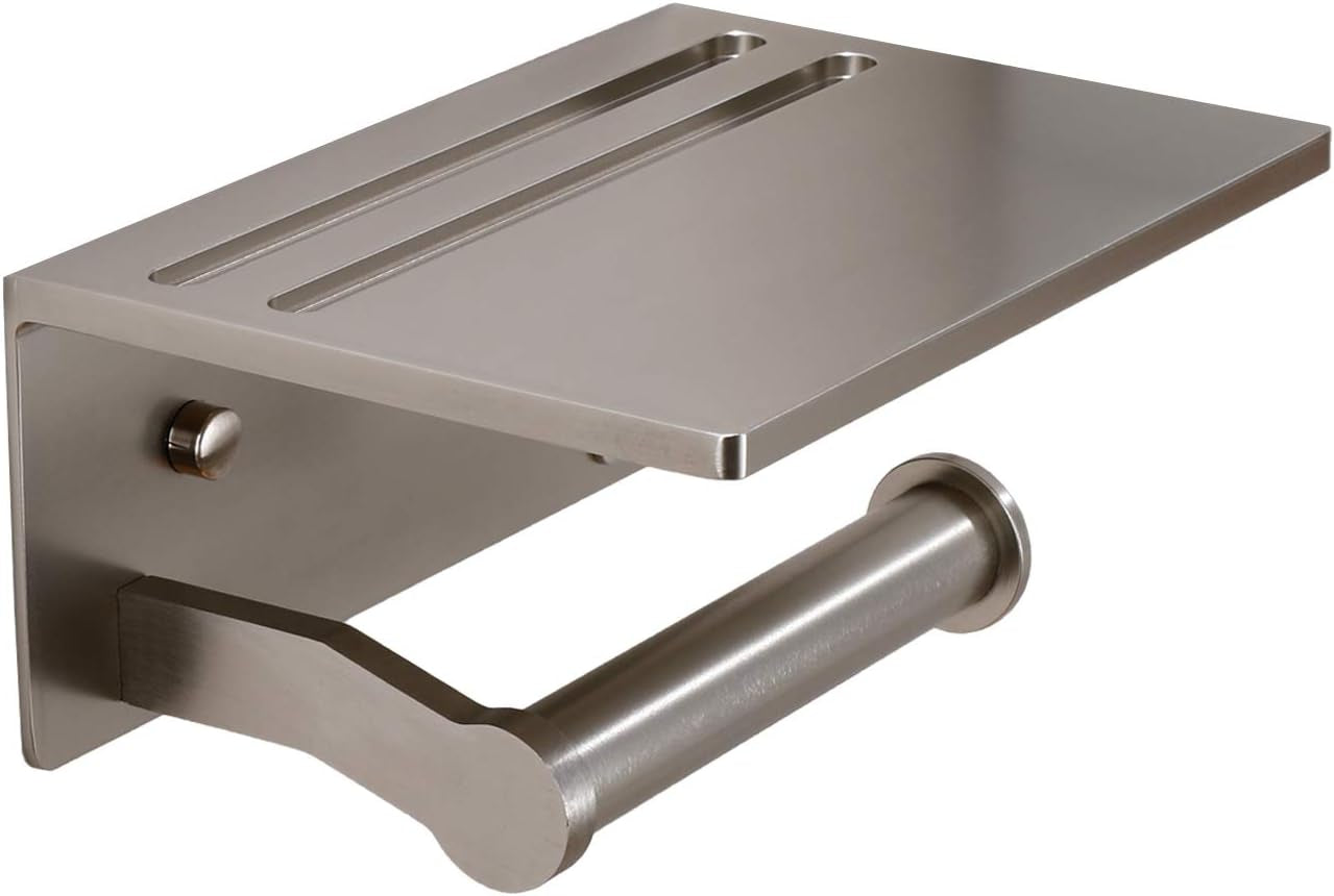 Toilet Paper Holder - Aluminium Double Roll Toilet Tissue Holder with Mobile Phone Shelf for Bathroom, 3M Self Adhesive No Drilling or Wall-Mounted with Screws, Rustproof Modern Style Black