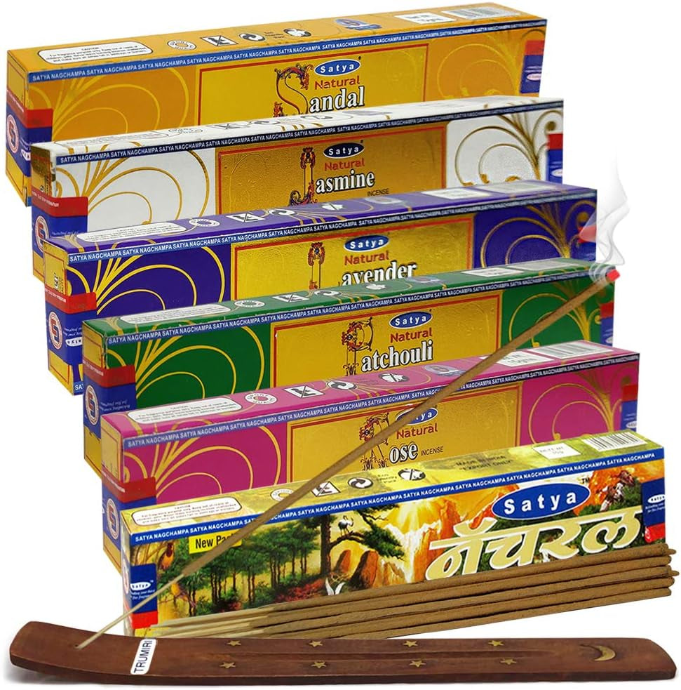 Satya Incense Sticks Variety Pack #10 and Holder Bundle with 6 Classic Fragrances Sandalwood Dragon'S Blood Palo Santo White Sage