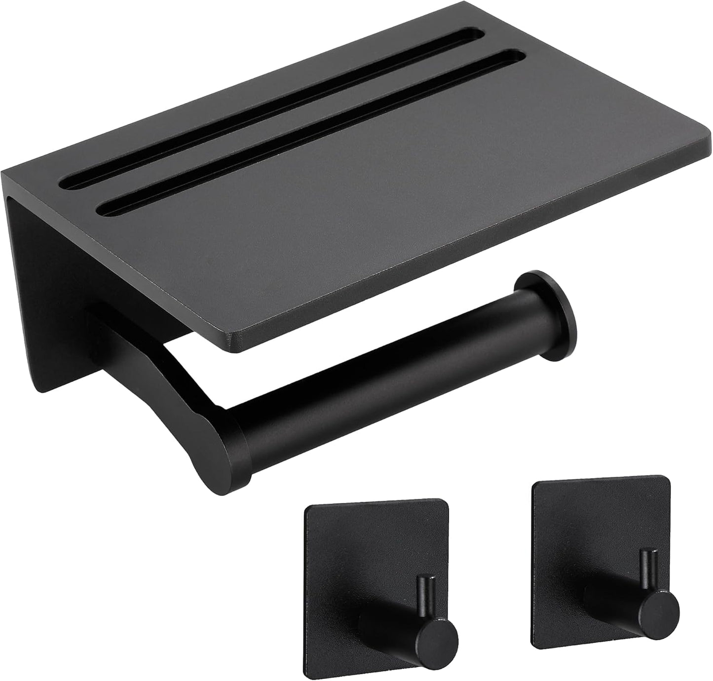 Toilet Paper Holder - Aluminium Double Roll Toilet Tissue Holder with Mobile Phone Shelf for Bathroom, 3M Self Adhesive No Drilling or Wall-Mounted with Screws, Rustproof Modern Style Black