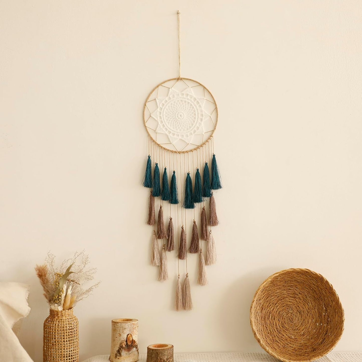 Macrame Dream Catchers for Bedroom - Tassel Wall Hanging Handmade Dreamcatchers Home Decor with Tassel Feather Ornament Craft Blessing Gift (Mix Brown)