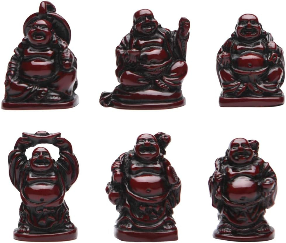 BRABUD 2'' Red Resin Laughing Buddha Figurines Good Gift and Collection Set of 6