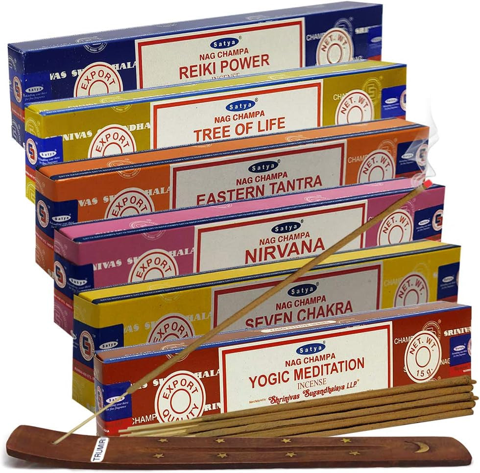 Satya Incense Sticks Variety Pack #10 and Holder Bundle with 6 Classic Fragrances Sandalwood Dragon'S Blood Palo Santo White Sage