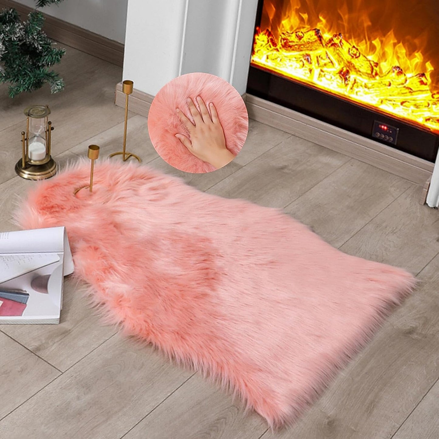 Faux Fur Rug Sheepskin Shag Fluffy Fuzzy Beige 2X3 Ft Small Rugs for Bedroom Bedside Bed Floor Living Room Plush High-Density Cushion Carpet Super Sofa Cover