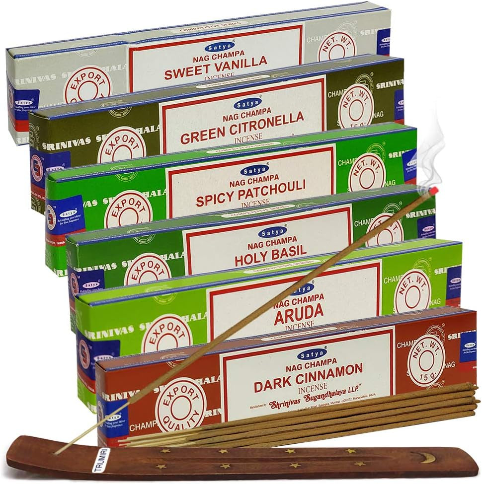 Satya Incense Sticks Variety Pack #10 and Holder Bundle with 6 Classic Fragrances Sandalwood Dragon'S Blood Palo Santo White Sage