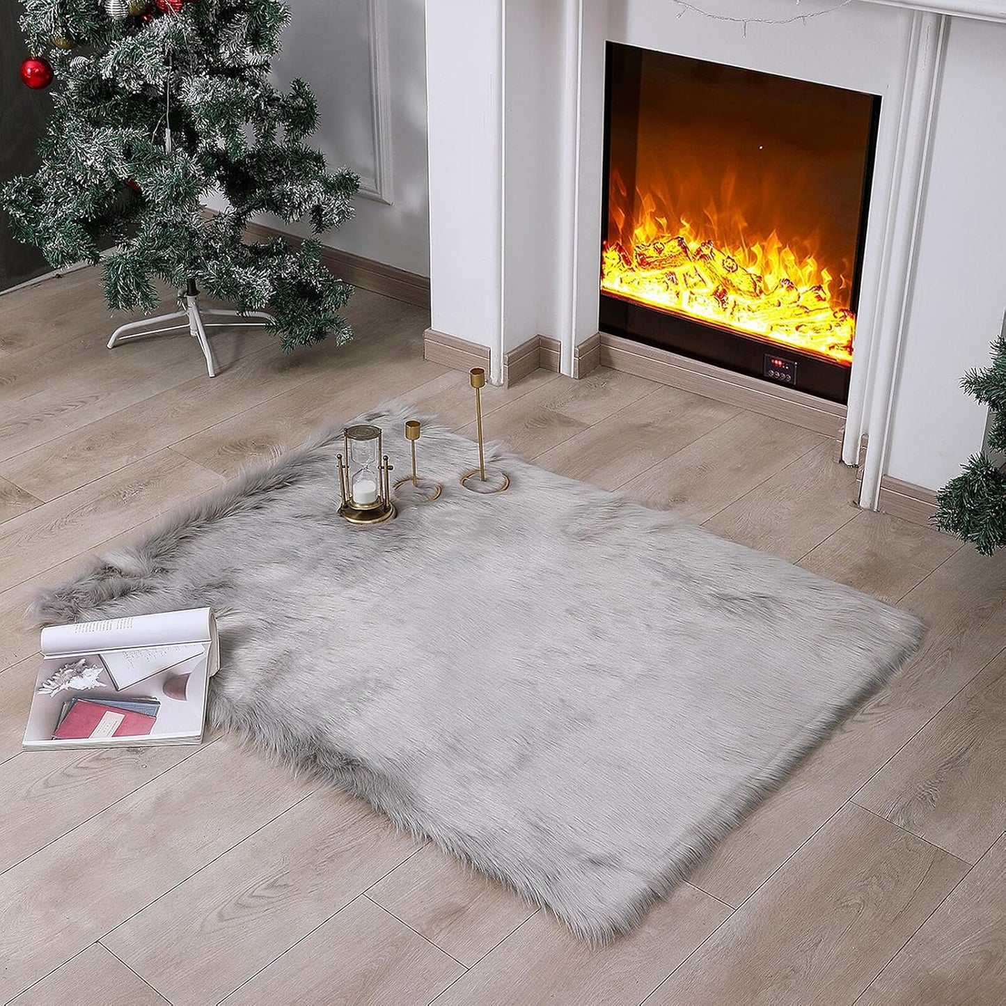 Faux Fur Rug Sheepskin Shag Fluffy Fuzzy Beige 2X3 Ft Small Rugs for Bedroom Bedside Bed Floor Living Room Plush High-Density Cushion Carpet Super Sofa Cover