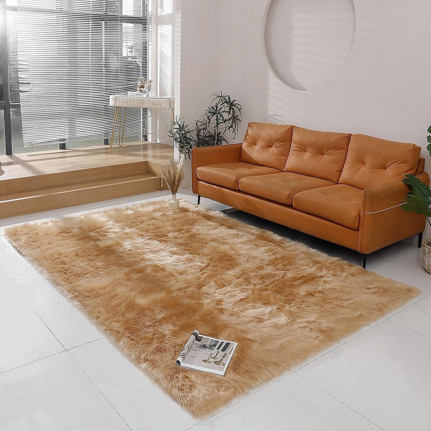 Faux Fur Rug Sheepskin Shag Fluffy Fuzzy Beige 2X3 Ft Small Rugs for Bedroom Bedside Bed Floor Living Room Plush High-Density Cushion Carpet Super Sofa Cover