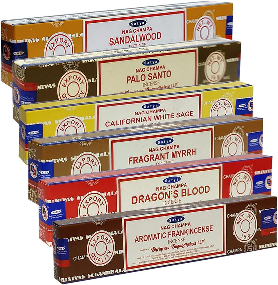 Satya Incense Sticks Variety Pack #10 and Holder Bundle with 6 Classic Fragrances Sandalwood Dragon'S Blood Palo Santo White Sage