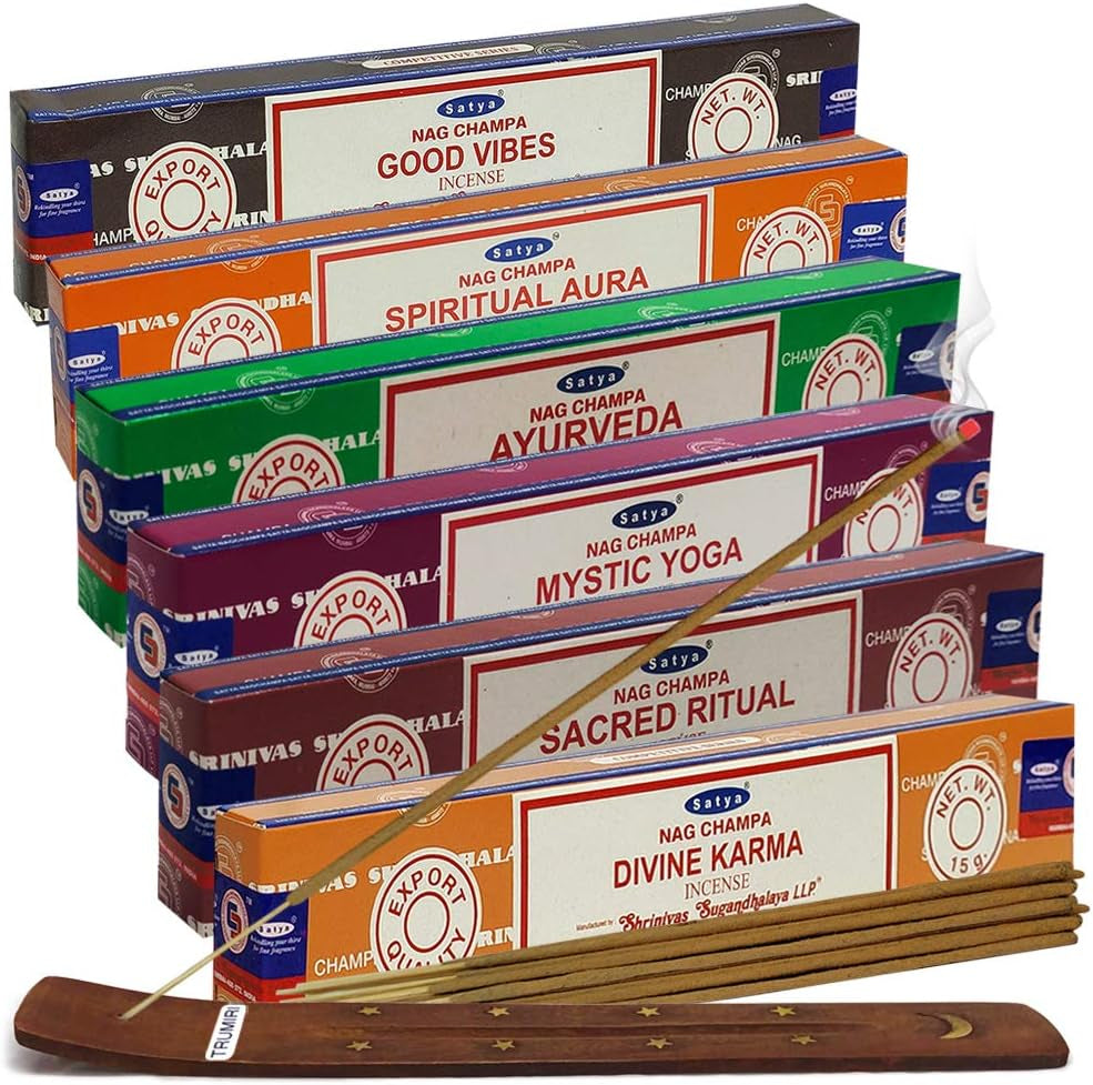 Satya Incense Sticks Variety Pack #10 and Holder Bundle with 6 Classic Fragrances Sandalwood Dragon'S Blood Palo Santo White Sage