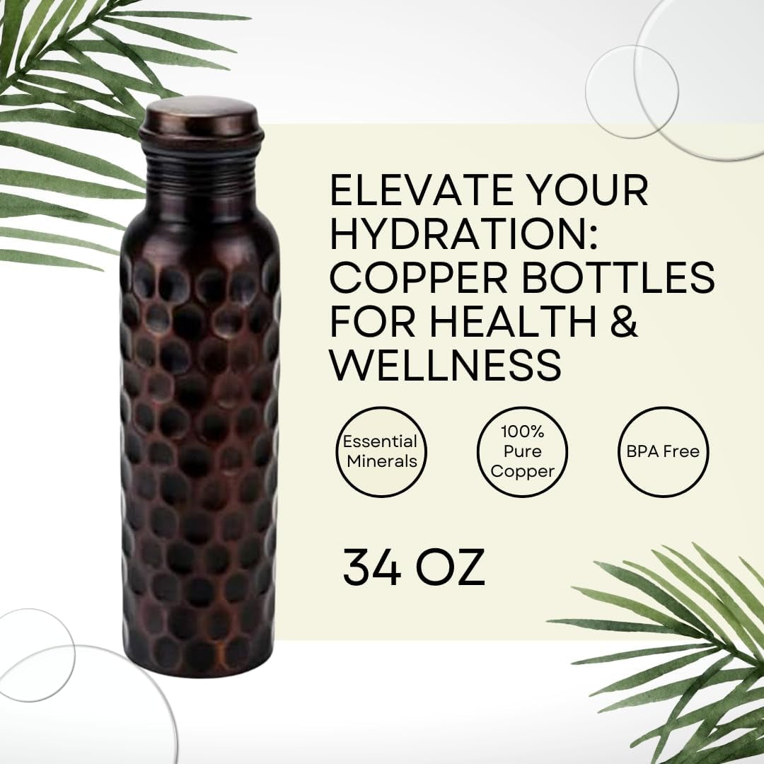 Pure Copper Water Bottle 34 Oz Leak Proof 100% Pure - Ayurvedic Copper Vessel - Drink More Water and Enjoy the Health Benefits Immediately - for Gym, Yoga Bottle (Diamond 2)