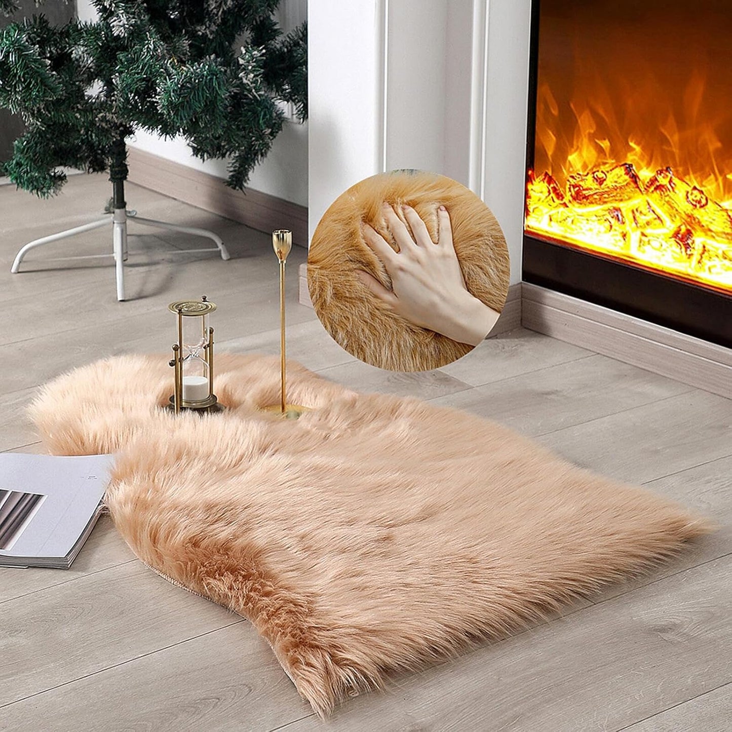 Faux Fur Rug Sheepskin Shag Fluffy Fuzzy Beige 2X3 Ft Small Rugs for Bedroom Bedside Bed Floor Living Room Plush High-Density Cushion Carpet Super Sofa Cover