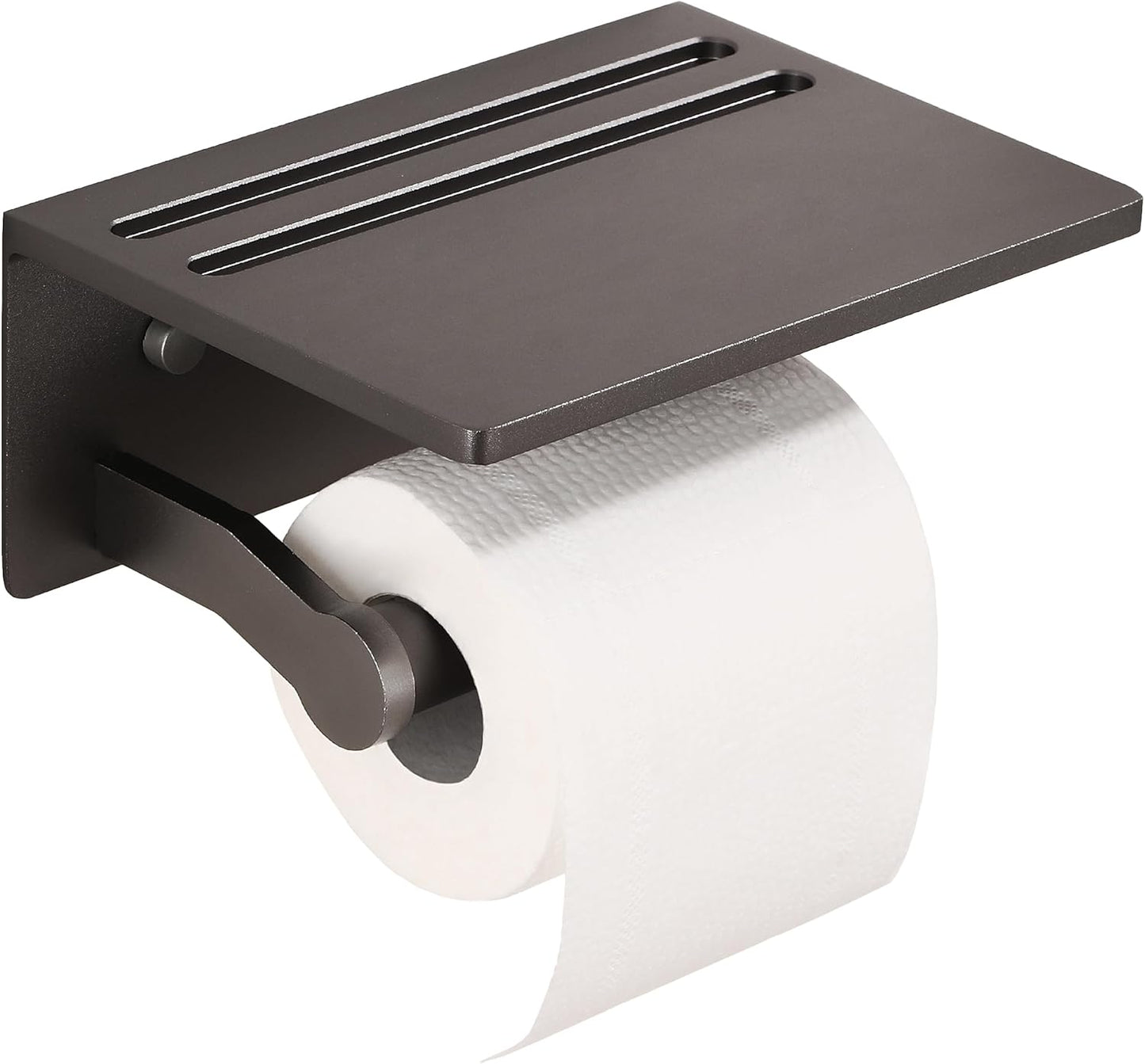 Toilet Paper Holder - Aluminium Double Roll Toilet Tissue Holder with Mobile Phone Shelf for Bathroom, 3M Self Adhesive No Drilling or Wall-Mounted with Screws, Rustproof Modern Style Black