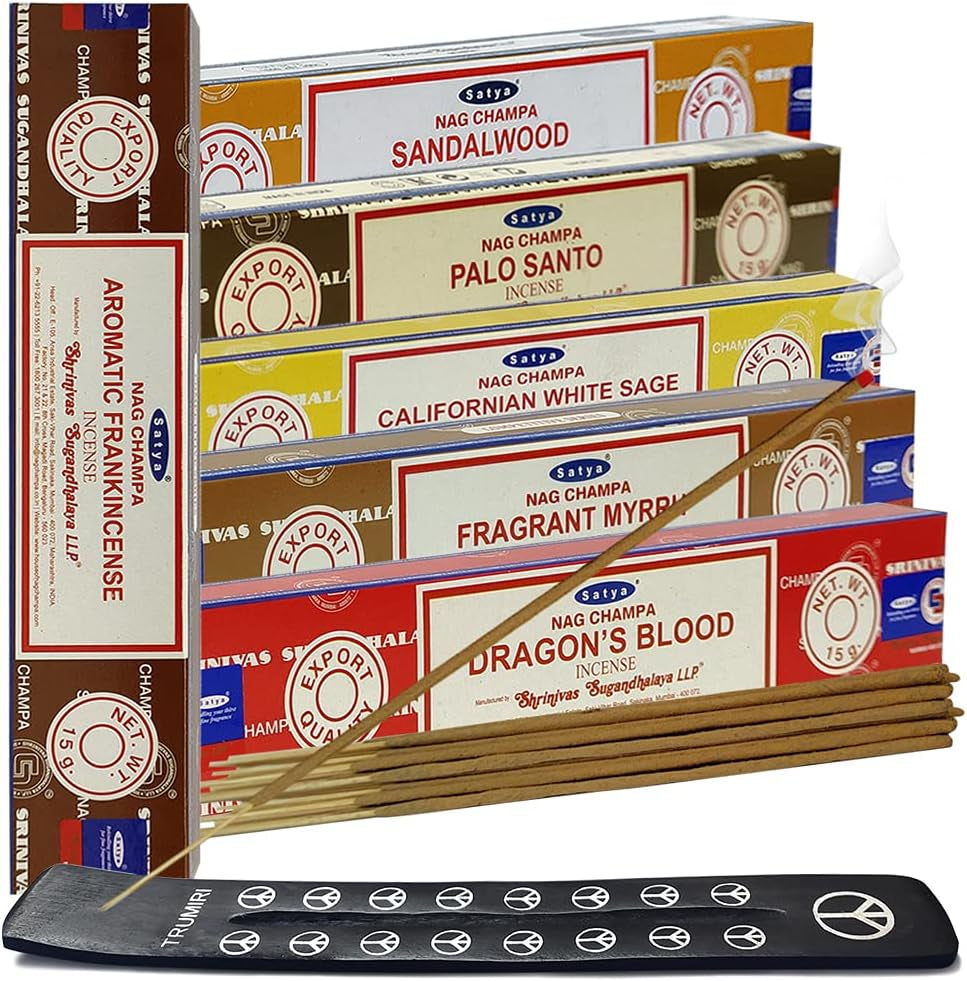 Satya Incense Sticks Variety Pack #10 and Holder Bundle with 6 Classic Fragrances Sandalwood Dragon'S Blood Palo Santo White Sage