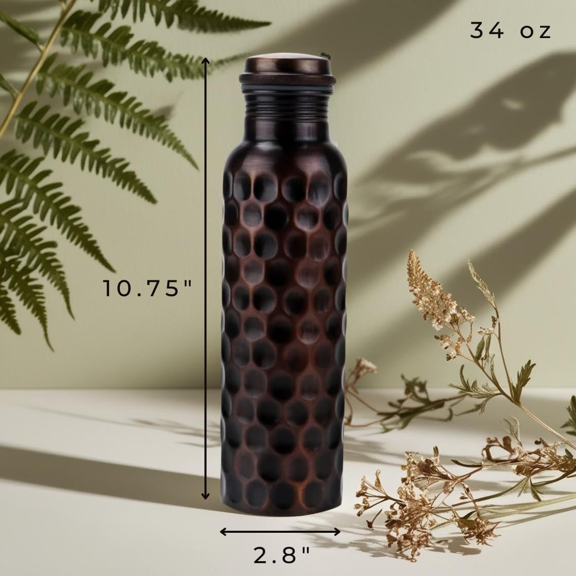 Pure Copper Water Bottle 34 Oz Leak Proof 100% Pure - Ayurvedic Copper Vessel - Drink More Water and Enjoy the Health Benefits Immediately - for Gym, Yoga Bottle (Diamond 2)